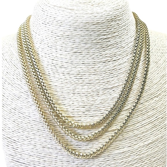 Vintage SAC Italy Triple Strand Gold Tone Box Link Necklace 1970s Layered Chain - Picture 1 of 5